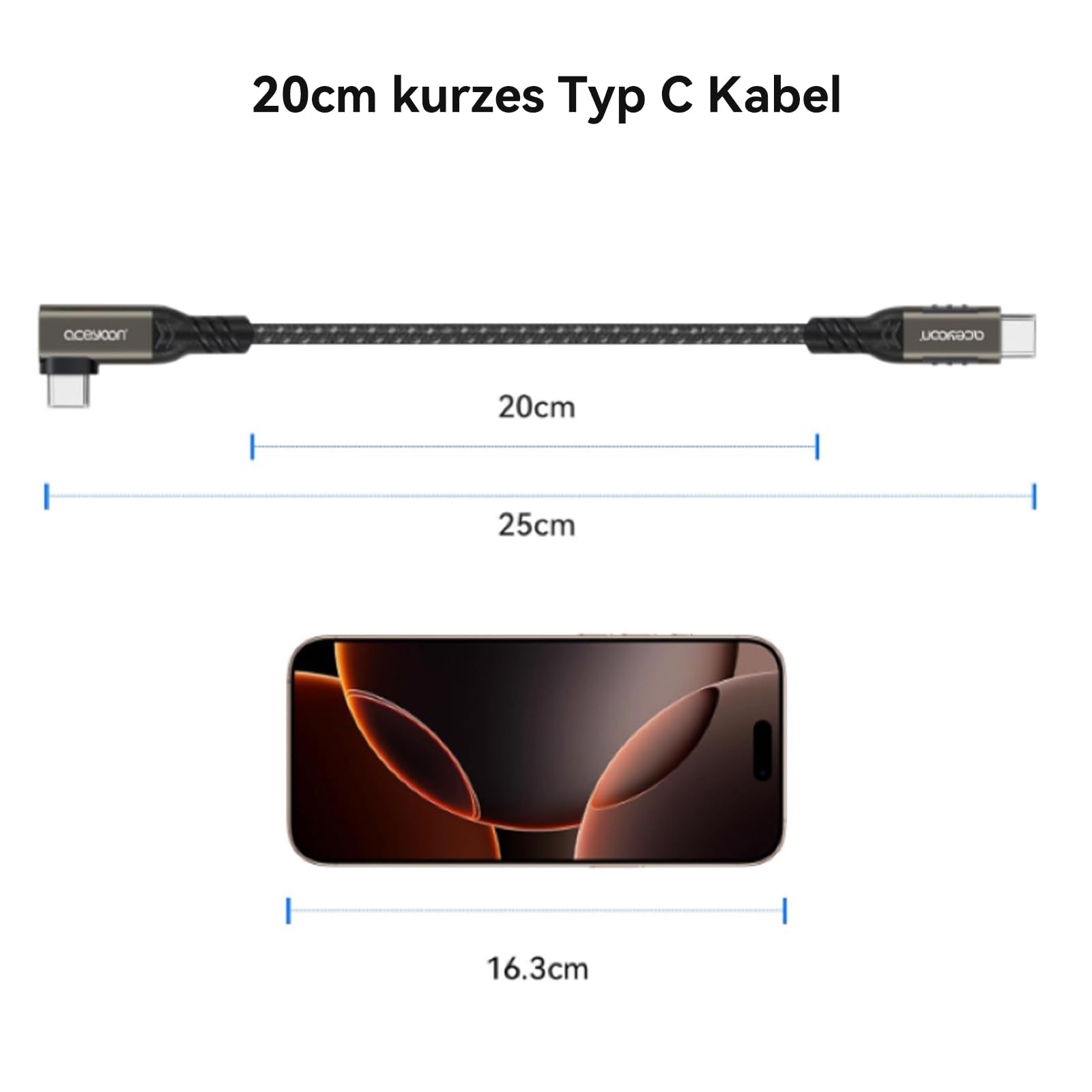 aceyoon Krótki kabel USB C 240 W, 2 sztuki, kabel USB C na USB C, QC 4.0, szybkie ładowanie i synchronizacja danych, mały kabel USB C, kąt prosty, pleciony, 20 cm, kabel typu C, kompatybilny z iPhone