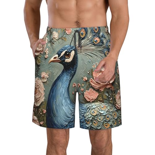 Mens Swim Trunks Board Shorts Quick Dry Shorts with Pockets - Peacock Flowers