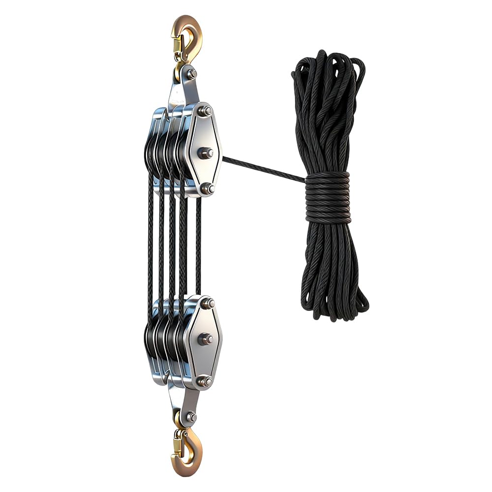 Polipasto Manual, HOVCEH Poleas de Carga Capacidad 2200lbs, Poleas para Cuerda 20m con Gancho de Seguridad, 4 Juegos de Polea Para Obras Industriales, Altura de Elevación 2,5 m