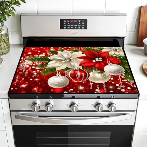 Image of Christmas Multi-Design Stove Cover for Glass /Electric Stoves - 3-in-1 Heat-Resistant Protector Mat, Non-Slip Drying Rack 28 inchx20 inch