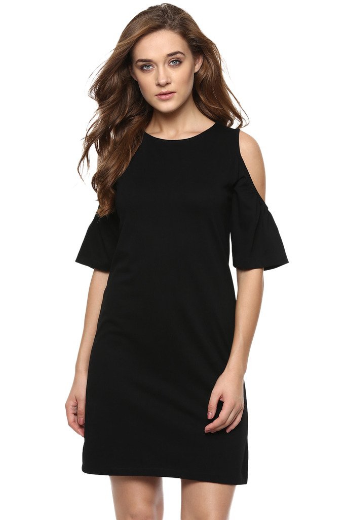 Miss Chase Women's Black Solid Round Neck Half Sleeves Shoulder Cut Out Mini Dress (Mcaw16D07-32-62_Black_S)