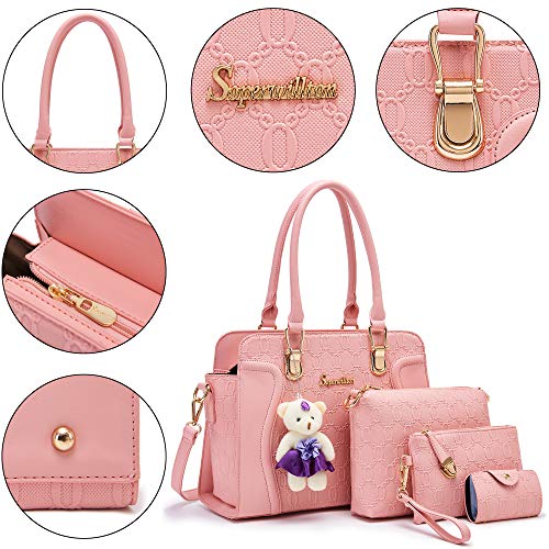 Image of Women's Fashion Handbag Tote Bag Shoulder Top Handle Satchel Purse Set 4pcs | Stylish Style,Chain Texture Design,Ample Space,Bear Doll Decoration,with a Crossbody Strap