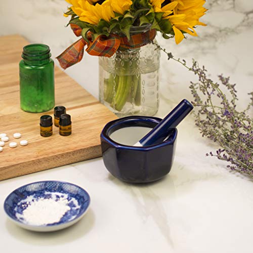 HIC Octagonal Mortar and Pestle Spice Herb Grinder Pill Crusher, Fine-Quality Porcelain, Cobalt