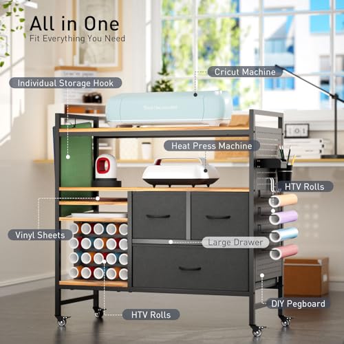 Image of PUNLUXU Organizers and Storage Compatible with Cricut Machines - Vinyl Roll Holder, DIY Pegboard with Accessories Organizer, Rolling Craft Table with Storage Cabinet Workstation PU-03 Patent Protected