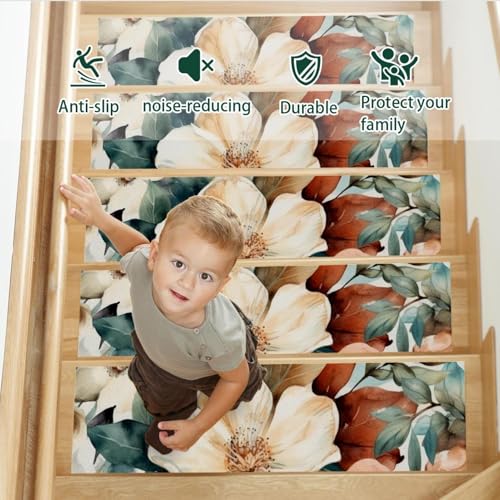 Alfombra resistente de patrón floral para escalones de madera de 8x30 pulgadas 4