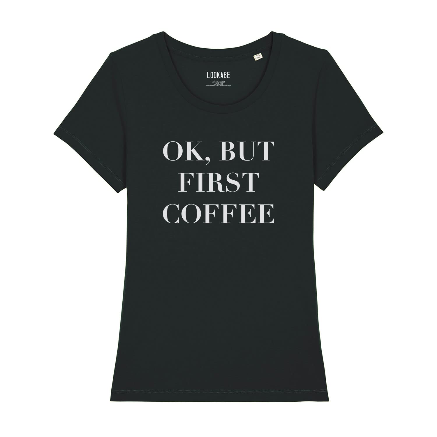 Damski T-Shirt Expresser - Ok, but First Coffee - Sportowy styl Street-Style Basic T-Shirt z bawełny organicznej na wiosnę i lato