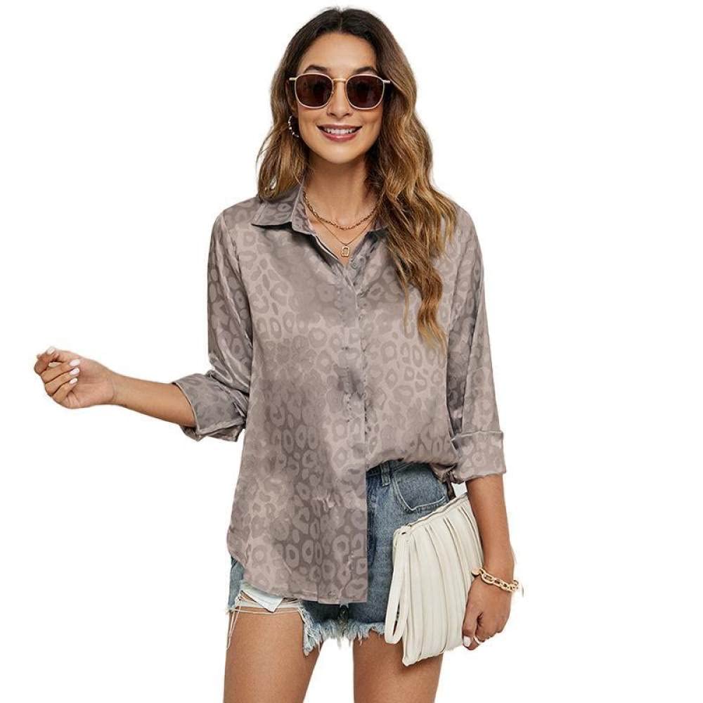 Haut Femme,Desserrez Les Manches Longues Turn-Down Collar Cardigan Dames Blouses Gris Imprimé Femmes Tuniques Printemps Été Décontracté Bureau d'affaires en Tête pour Les Femmes