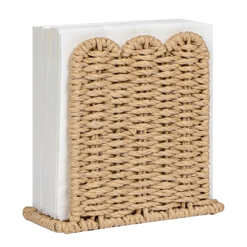 CubesLand Scalloped Edge Napkin Holder for Table Home Rustic Room Decor, Paper Rope Napkin Dispenser for Kitchen Countertop Dining Hotel, Cocktail Napkin Holder for Indoor & Outdoor Party, Beige