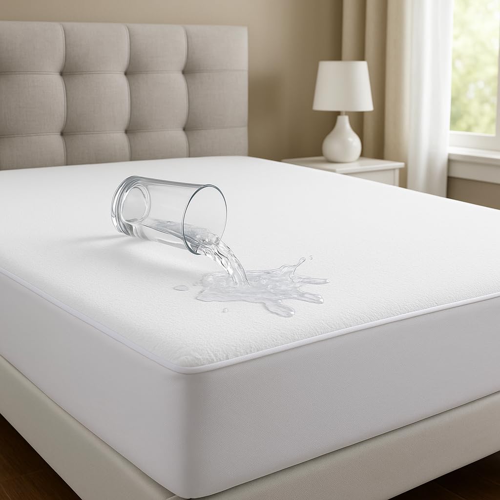 Protector de colchón de rizo de algodón Queen impermeable blanco con bolsillo de 15 pulgadas