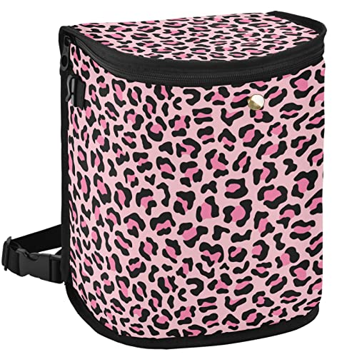 Image of Leopard Print Car Trash Can Pink Animal Skin Car Garbage Bag with Lid Hanging Waterproof Leak Proof Vehicle Storage Bin