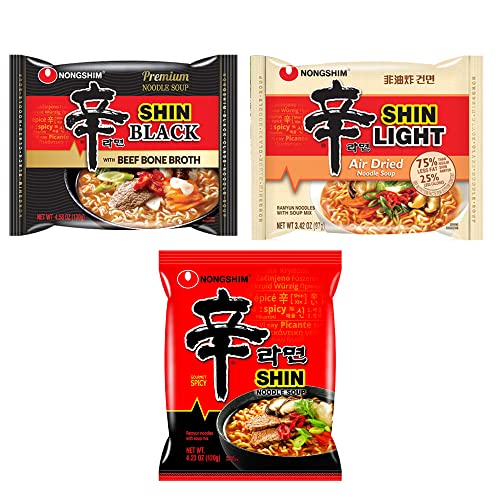 Nongshim Ramen Various Flavors, Shin Noodle Soup Gourmet Spicy, Shin Black Premium Noodle Soup, Shin Light Air Dried Noodle Soup Combo Ramen Pack 3 Packs