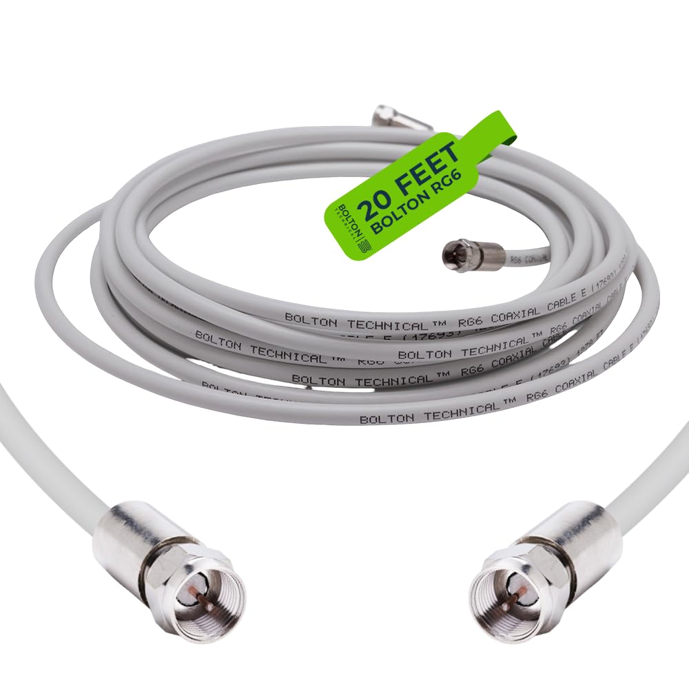 Bolton Technical Câble coaxial RG6 en PVC blanc, 75 Ohm, F mâle vers Fmâle pour TV, amplificateur de signal de boîte de câble, systèmes satellite, RF, connexion d'antenne et modem Internet