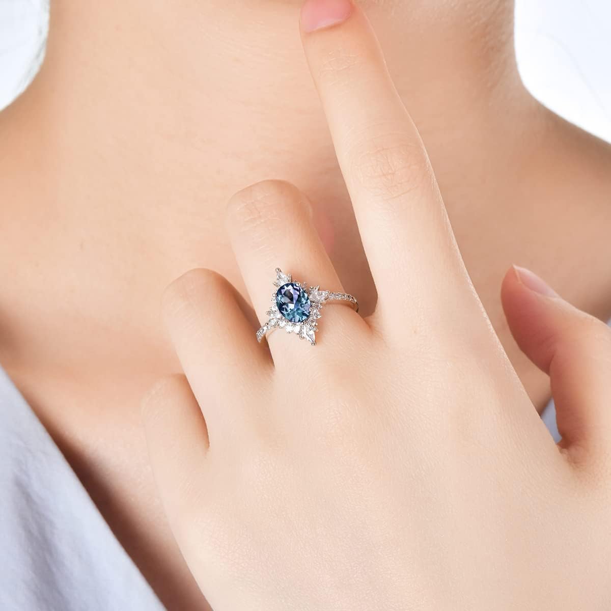 Color Change Alexandrite Ring 925 Sterling Silver June Birthstone Oval Kite Round Pear Shape Halo Cocktail Statement Engagement Ring Vintage Solitaire Three Stone Trilogy Lab Created Alexandrite Rings for Women - Image 5