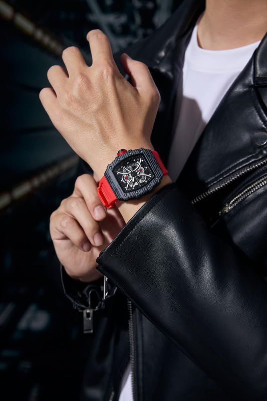 Image of Giordano Analog Square Watch for Men with Skeleton Design, Rugged Textured Case, Luminous Hands, and Silicone Strap