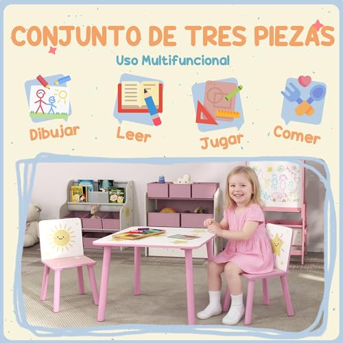 Miniatura 3 de Aiyaplay Mesa Y Sillas Infantiles De 3 Piezas, Mesa Infantil Con 2 Sillas De Madera De Pino, Juego De Muebles Con Dibujos De Estrella Para Niños De 3 Años, Para Dormitorio, Sala De Juegos, Rosa
