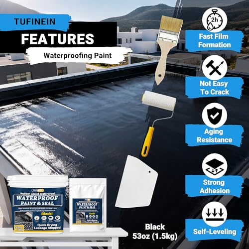 Image of Rubber Liquid Waterproof Sealant, TUFINEIN 53oz /1.5kg Black Quick Drying Multi Surface Foundation Leak Repair - Roof Gutters Basement Sealer Waterproof - Indoor & Outdoor Flexible Rubber Paint