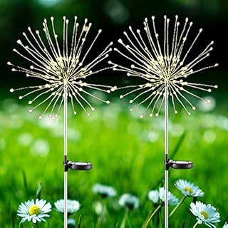 XVZ Solar Lights Outdoor Garden, 2 Pack 120 LED Solar Firework Lights, 2 Lighting Modes Waterproof Solar Garden Landscape Lights, for Garden, Fence, Patio, Lawn(Warm White)