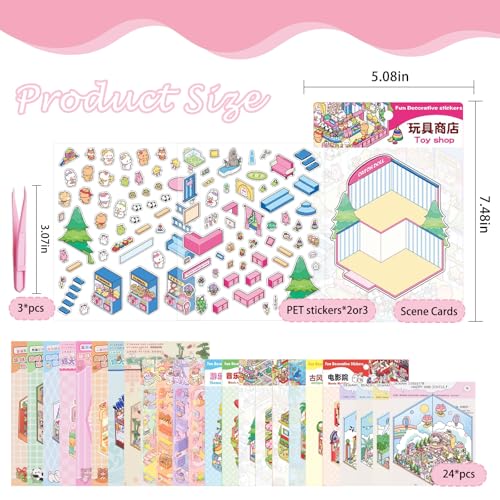 24 Sets 3D Sticker Scene DIY Sticker Therapy 3D House Stickers Make Your Own Cozy Room Scene,Cute Cartoon Stickers Scenes for Relief Stress Pass The Time — view 2