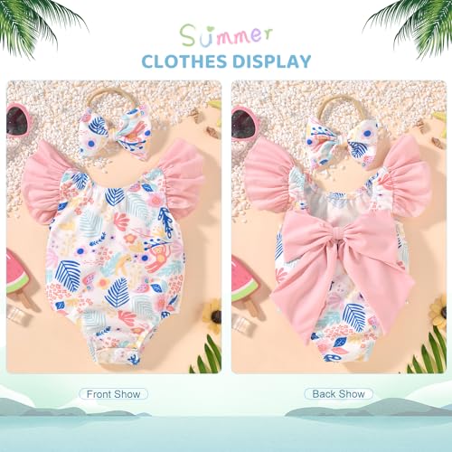 Image of HIHA Baby Swimsuit Girl Infant Bathing Suit Ruffle Summer One Piece Cartoon Pattern Swimwear Sunsuit,0-6 Months Light Pink