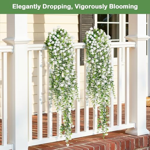 Image of Lewondr Artificial Fake Hanging Flowers Plants for Outdoor Summer Decoration, 2 PCS Realistic Camellias, 29.5'' UV Resistant Look Real for Outside Home Indoor Planter Porch Patio Balcony Yard Decor