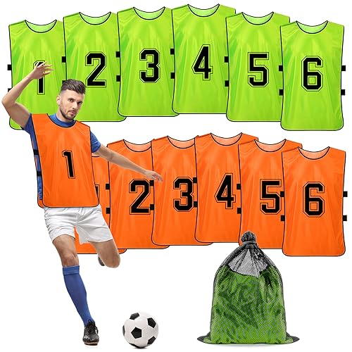 12 Pack Scrimmage Training Vest – Soccer, Basketball, Football Bibs/Pinnies – Practice Jersey Pennies for Kids, Youth and Adults with Carry Bag (Green, Orange)