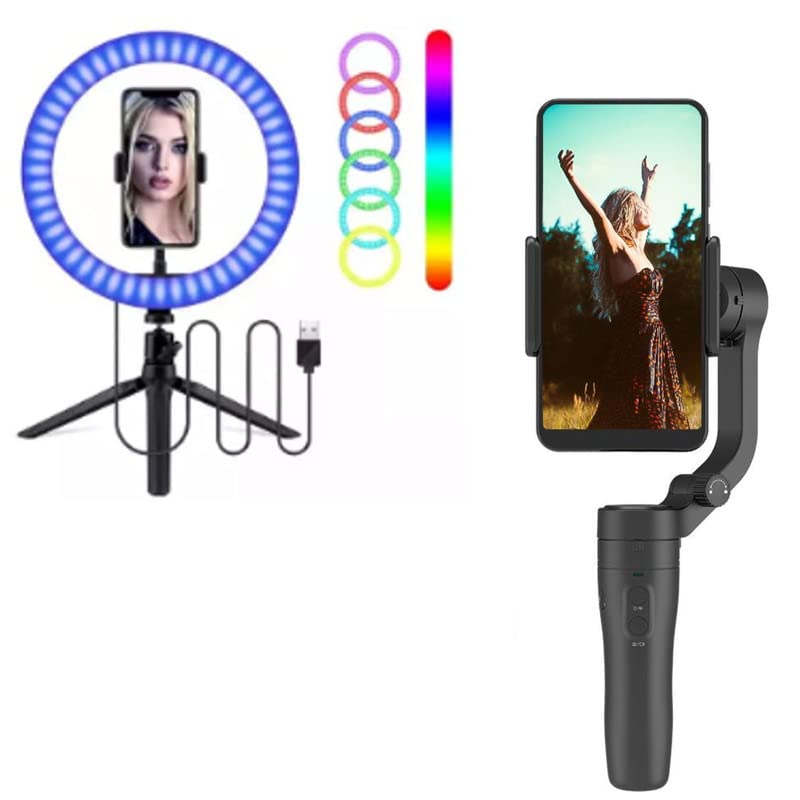 Image of Elevea VLOG Pocket Smartphone & Action Camera - Foldable 3 Axis Gimbal (240 GMS) RGB LED Selfie Ring Light 26cm Spotlight Fill Light lamp Makeup Ringlight Remote Adjustable Dimmable Ring Light Lamp