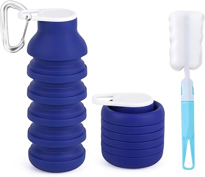 Collapsible Water Bottle,20oz Reuseable BPA Free Silicone Foldable Water Bottles for Travel Camping Hiking Outdoor Indoor,Portable Leak Proof Sports Water Bottle with Carabiner Royal Blue