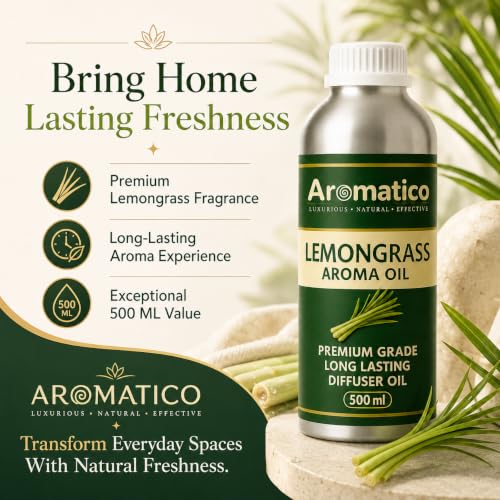 Image of AROMATICO Lemongrass Diffuser Oil for Strong, Long-Lasting Aroma | Light, Citrusy, Stress Relieving Aroma Oil for Home Fragrance & Aromatherapy | For Diffusers & Air Fresheners - 500ML