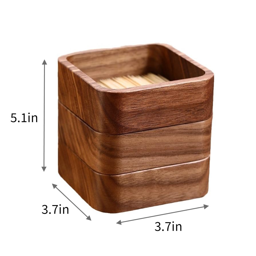 TróJwarstwowe Drewniane PudełKo Na Nić Dentystyczną, Kwadratowy Pojemnik Na WykałAczki Do Domu I Restauracji,Brown,9.6*9.6*12cm