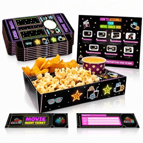 10x Movie Night Snack Trays 2 Food Compartments & Drink Holder | Movie Night Set Built in Popcorn Bowl & Food Tray Accessories for Home Cinema with Party Invitations for Kids & Adults