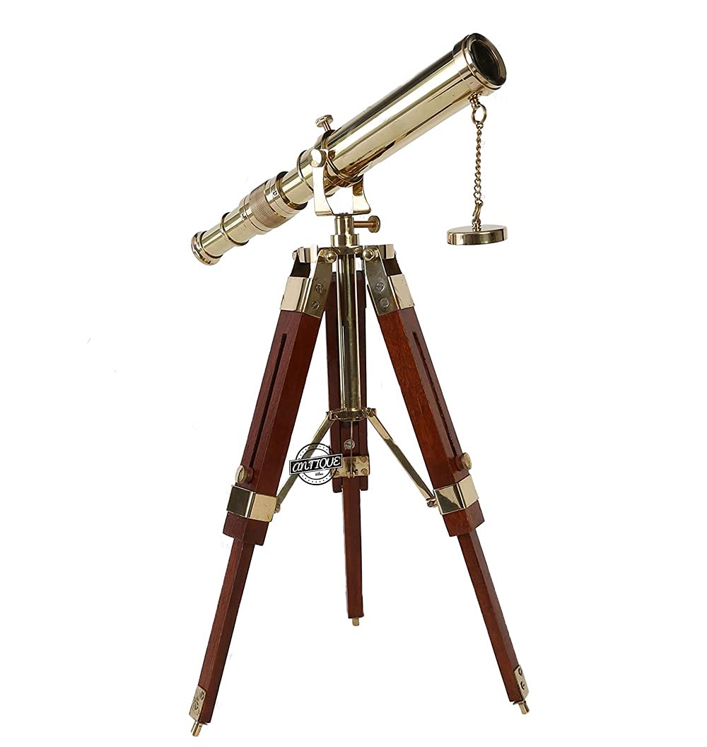 Vintage Marine Shiny Brass Telescope with Brown Vintage Wooden Tripod Stand Tabletop/Desktop Decorative Gift