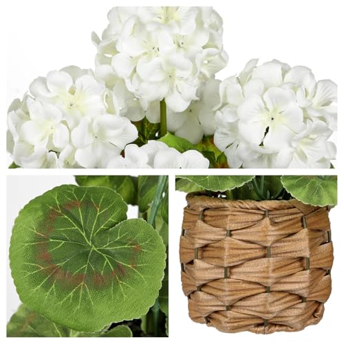 Briful Artificial Geraniums Flowers Potted Plant - 13.7'' Tall Faux White Silk Realistic Lush Geraniums Flowers in Basket, Indoor&Outdoor Decorative Plant, Farmhouse Home Porch Office Patio Table by Briful - Used condition - Image 5