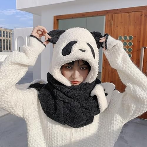 3 in 1 Panda Hat Scarf and Gloves for Women Girls Winter Warm Furry Hood with Hand Pocket Mittens Windproof Cycling Hat Gloves Neck Warmers Thick Plush Animal Cosplay Headwear4