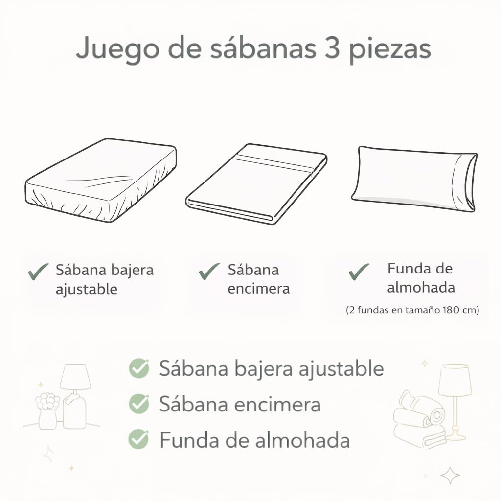 Juego de sabanas Algodon/Poliester - Cama 135x200-3piezas, Incluye Sabana Plana, Sabana Bajera hasta 30cm y Funda para Almohada. Acabado Buena.