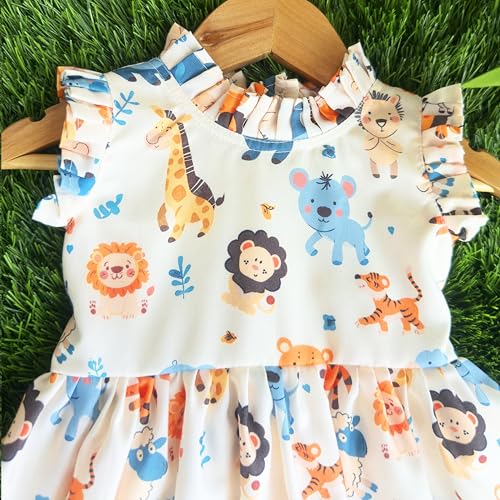 Image of Stanwells Kids Baby Girls Off-White Animal Print Cotton Rayon Knee-Length Frock | Sleeveless Summer Dress with Lion Print & Flared Back Zipper (6 Months-7 Years)