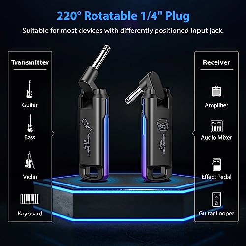 LEKATO Wireless Guitar Transmitter Receiver UHF Wireless Guitar SystemRechargeable Audio Wireless Guitar Transmitter and Receiver with 70 Channels Wireless for Guitar Bass Electric Instruments (Blue)