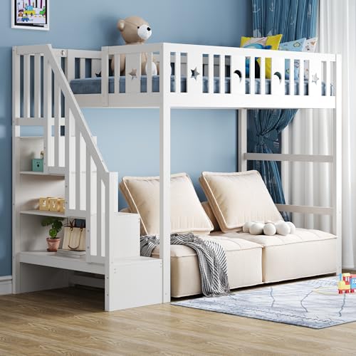BXEYXE Litera para niños de 90 x 200 cm con escalera, cama alta de madera maciza con barandillas de seguridad, decoración de estrellas y lunas, color blanco