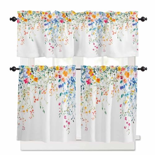 Yomandocix Kitchen Curtains and Valances Set, Flower Leaf Rod Pocket Curtains Tier Farmhouse Window Treatment 36 Inch Length, Country Style Colored Flower Branch Plant 3 Piece Kitchen Curtain Set