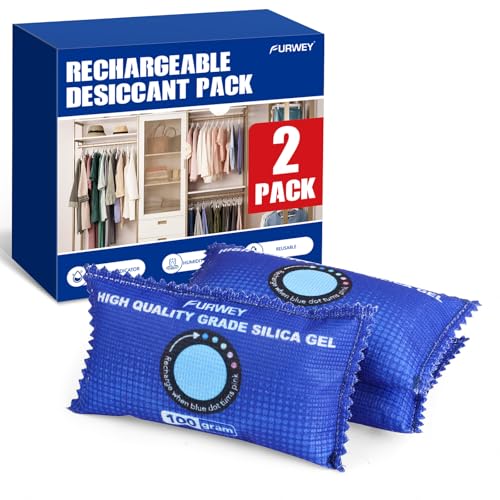 Image of FURWEY 2 Pack Rechargeable Desiccant Packs for Storage, 100g Each, Blue