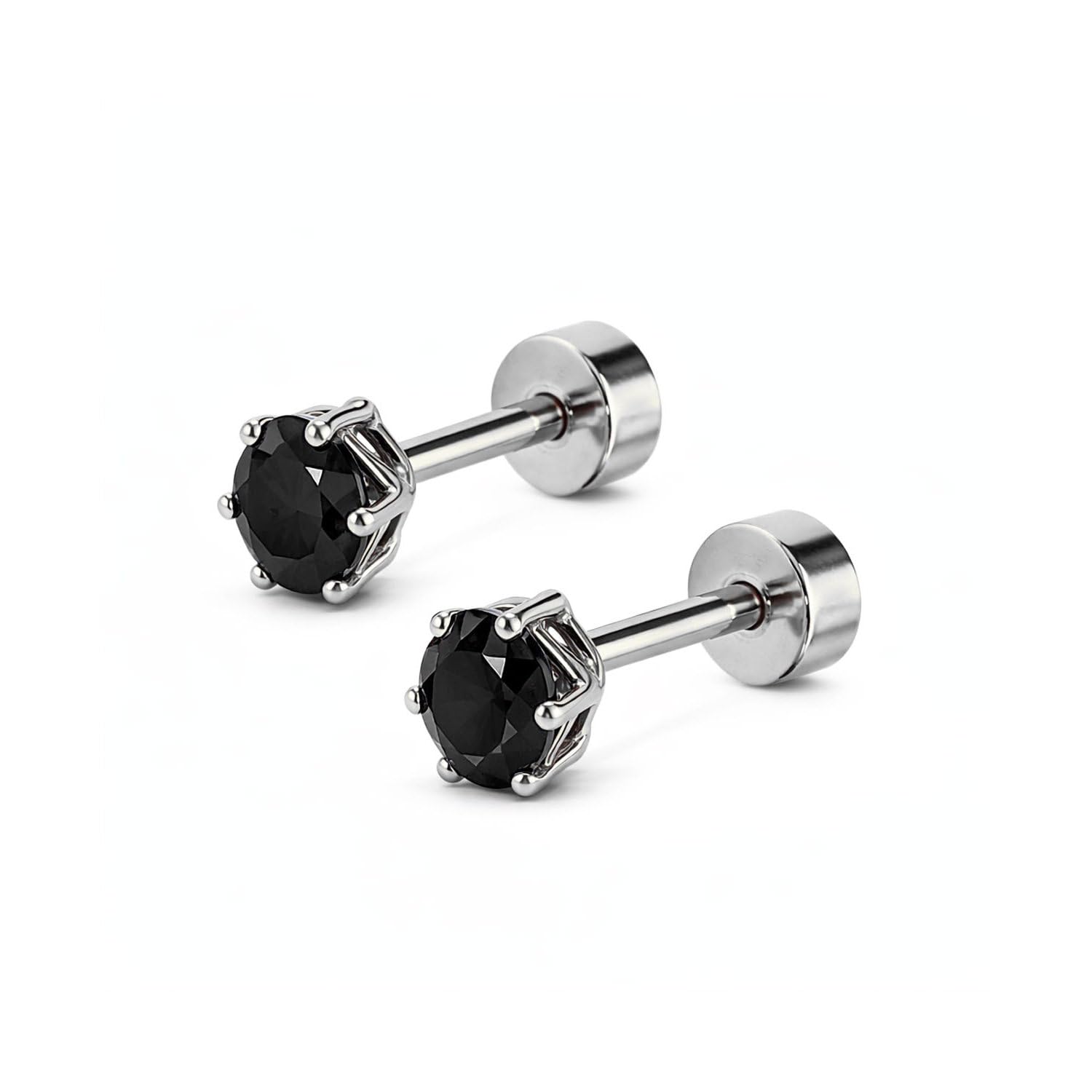 vama FASHIONS 5mm 18K Sliver Plated Stainless Steel Anti Tarnish Round Shape Black Stone Flat Back Screw Piercing Ear Stud Hypoallergenic Cartilage Lightweight Studs Earrings for Men & Boys-picture-31