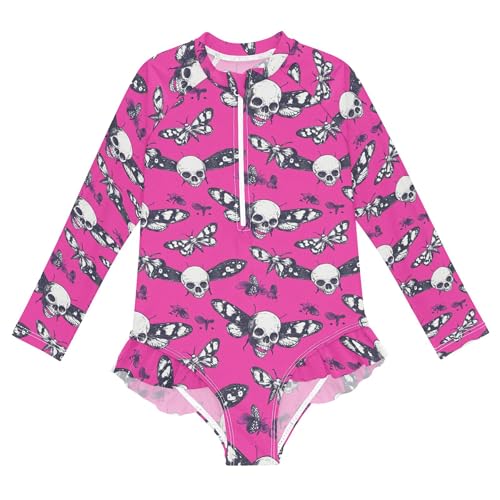 Skull Butterfly Girls Long Sleeve Rashguard Swimsuit UV Protection One-Piece Swimwear Bathing Suit B0404389