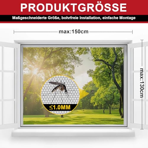 ZUIYIN Fliegengitter für Fenster - 150x180cm - Ohne Bohren Insektenschutz Fenster Zuschneidbar mit Starker Klettband Fliegennetz & Mückennetz für Fenster