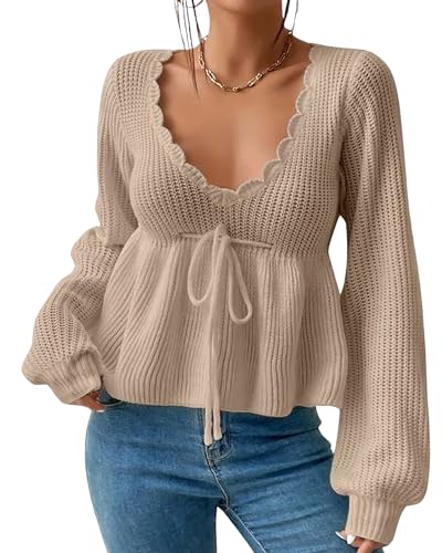 Image of BAIMORE Women's Casual Deep V Neck Drawstring Tie Front Long Sleeve Ruffle Hem Pullover Sweater