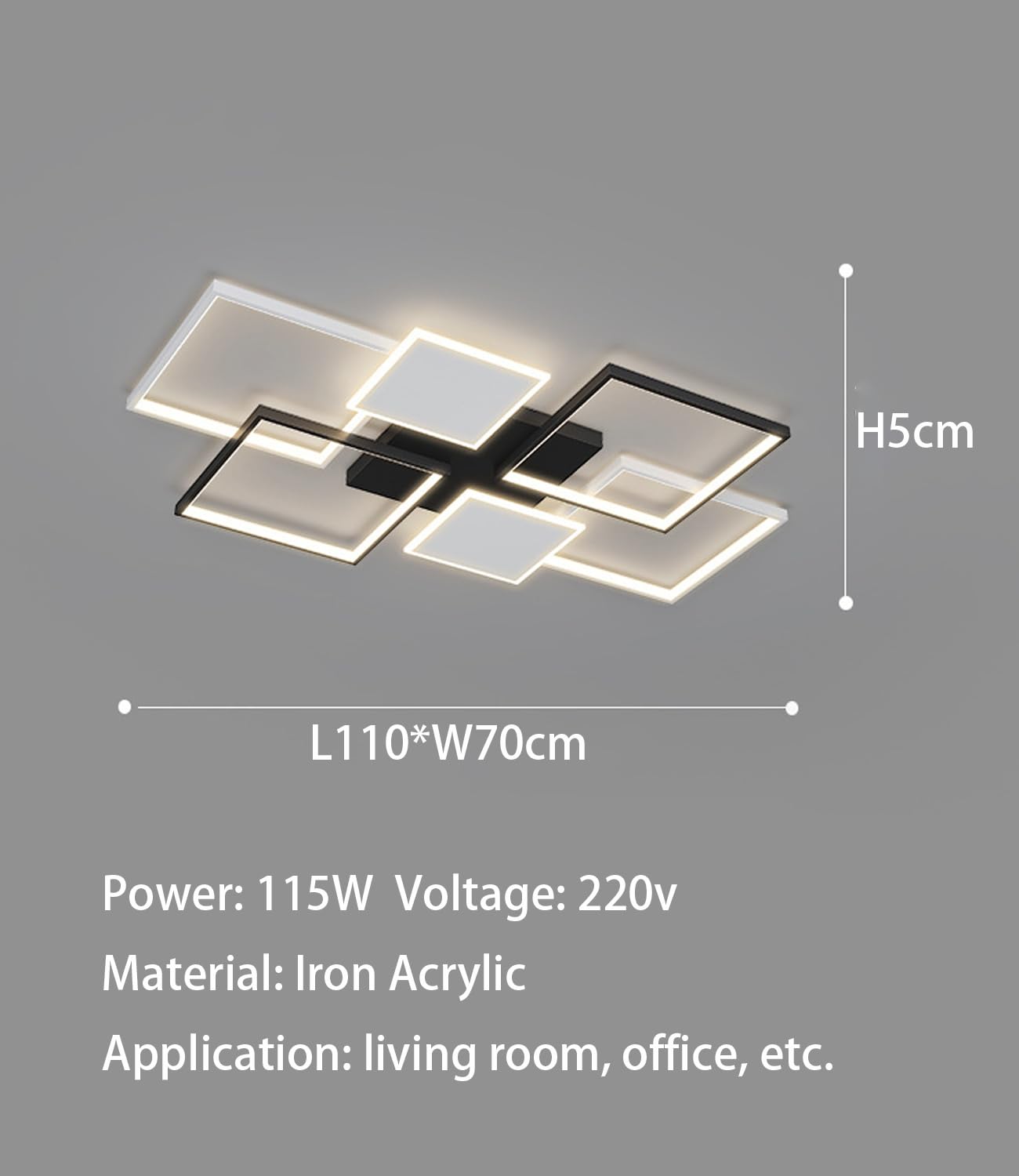 Dimmbare LED-Deckenleuchte Einfachheit Wohnzimmer Deckenleuchte Quadratische Deckenleuchte mit Fernbedienung für Schlafzimmer Esstisch Büro (Schwarz, L110cm)