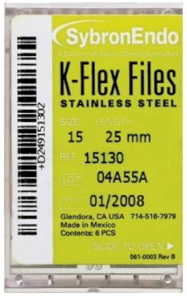 SybronEndo 15162 Endo Hand K-Flex File, 0.02 mm Taper, 25 mm Length, Stainless Steel, 55 Tip Size, Red (Pack of 6)