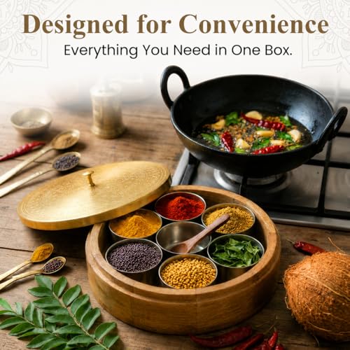 Image of SYPHER Wooden Masala Box with 7 Containers (120 ml Each) | Acacia Wood Masala Dabba for Kitchen | Traditional Indian Spice Box Organizer | Multipurpose Storage | Gift for Wedding & Housewarming