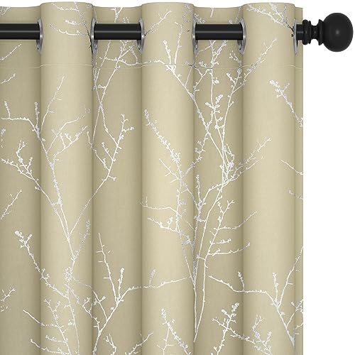 Deconovo Thermal Curtains Ring Top, Energy Saving Tree Branches Printed Curtains Blackout, Noice Reducing Curtains for Bedroom, Beige, 46 x 54 Inch (Width x Length), 2 Panels