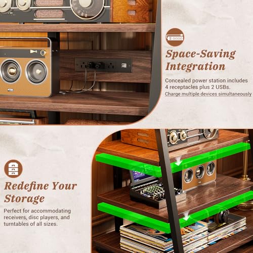 Armocity 4-Tier AV Media Stand with Power Strips, Corner TV Stand with LED Lights, Rack Audio Tower with Adjustable Shelves, Corner Entertainment Center, 30'', Black Walnut