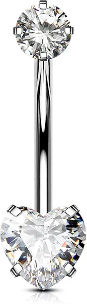OUFER Titanium Belly Button Rings, Long Belly Piercing Jewelry, Clear CZ Belly Rings, Internally Thread Navel Piercing Jewelry For Women Men Heart CZ