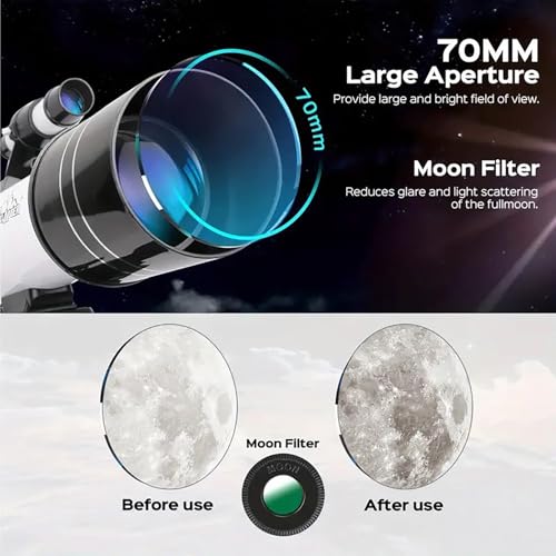 Image of Astronomical Astronomical Telescope 150X High-Powered,Portable with 70mm Aperture (HD Refractor, Tripod, Phone Adapter, and Wireless Remote) Ideal for Stargazing and Space Exploration